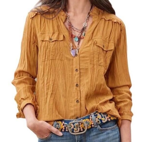 Sundance Femme Militaire Blouse Crinkle Button Down Long Sleeve Ruffle - Picture 9 of 9